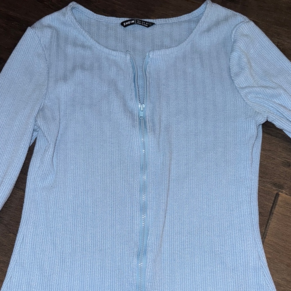 SHEIN Blue Fitted Ribbed zip up sweater with long Sleeves